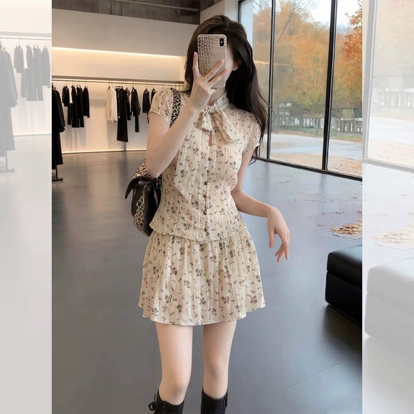 大码胖mm夏季小香风气质套装裙女雪纺碎花绑带收腰半身短裙两件套