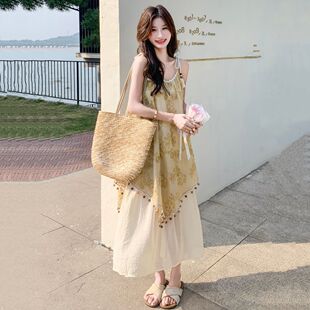 大码胖mm2026海边度假风流苏刺绣连衣裙女夏法式吊带假两件长裙