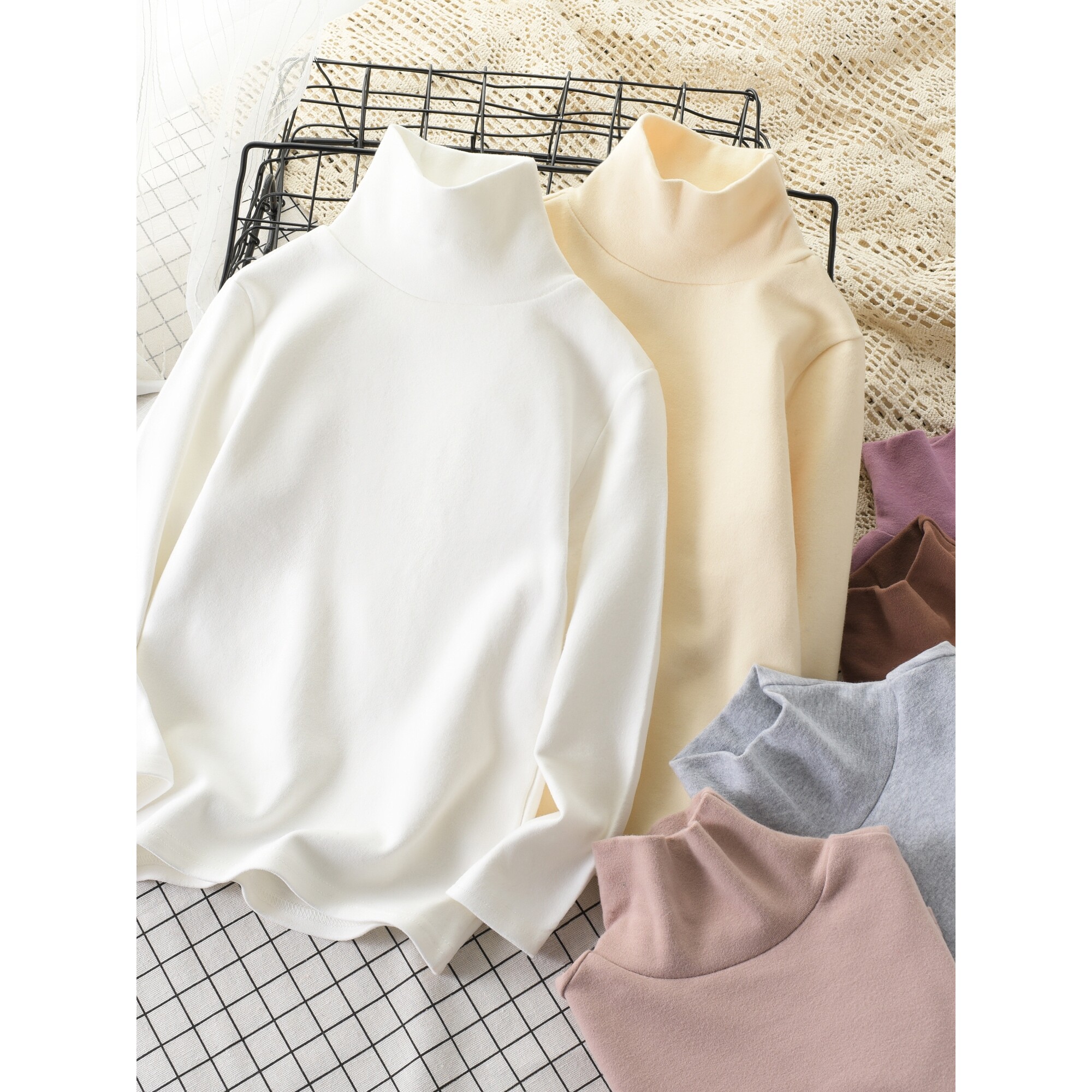 全棉时代儿童长袖T恤纯棉高领白色打底衫春秋冬女童男童纯白保暖