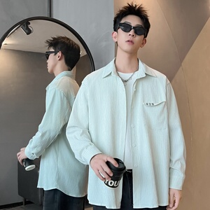 XZ413-HW160-P45-2025秋季长袖条纹男女青少年百搭休闲衬衫图片