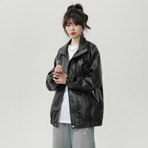 XZ413-HW233特批75-2024秋装新款机车PU时尚休闲中性风皮夹克外套图片