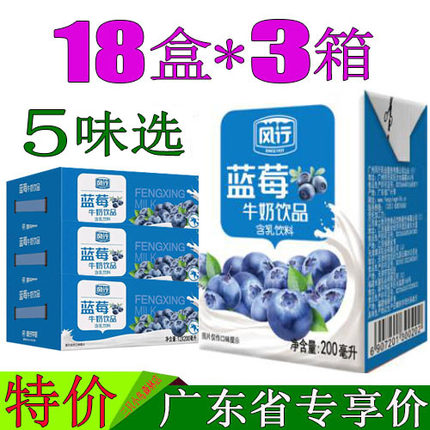 风行蓝莓味牛奶200ml*18盒*3箱红枣枸杞高钙纯牛奶原味酸奶整箱