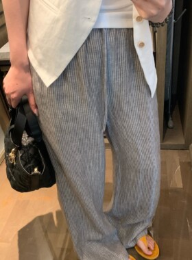 HLY夏款亚麻条纹显腿长女裤