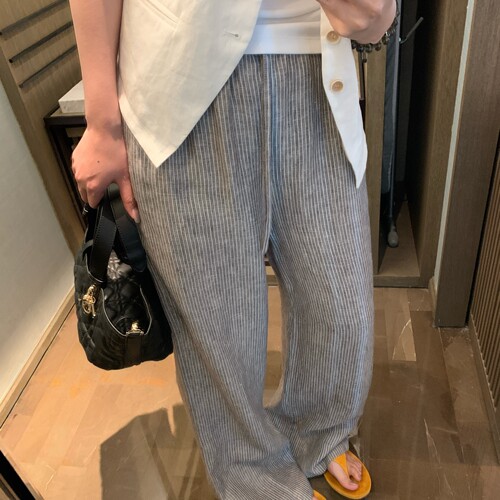 HLY夏款亚麻条纹显腿长女裤