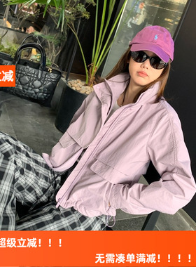 HLY夏新款立领显瘦防水长袖防晒衣 休闲风连帽拉链上衣短款外套女