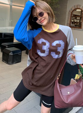 HLY韩版宽松防晒长袖拼色T恤女