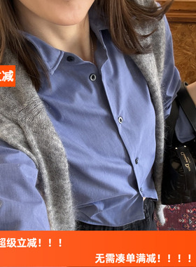 HLY春新款短款小个子上衣海蓝色显瘦百搭龙骨造型翻领长袖衬衫女
