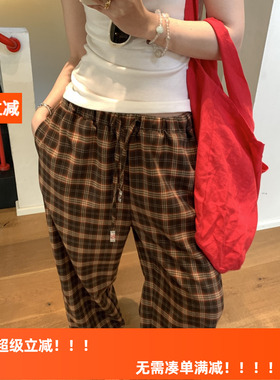 HLY春夏款复古格纹抽绳休闲阔腿裤 百搭宽松直筒裤松紧腰长裤女