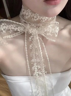 复古蕾丝花边颈带发带女温柔百搭气质绑带蝴蝶结领巾丝巾轻纱印花