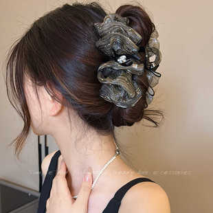 超仙气黑色流光轻纱蝴蝶结抓夹优雅高级感泡泡发夹蓬松头饰鲨鱼夹