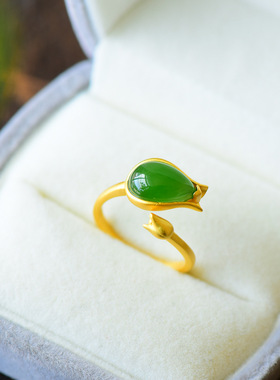 S925银镶和田玉清新玉兰花女戒指