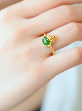 镂空福禄招财纳福戒指精致百搭双色可选s925银镶嵌和田碧玉戒指