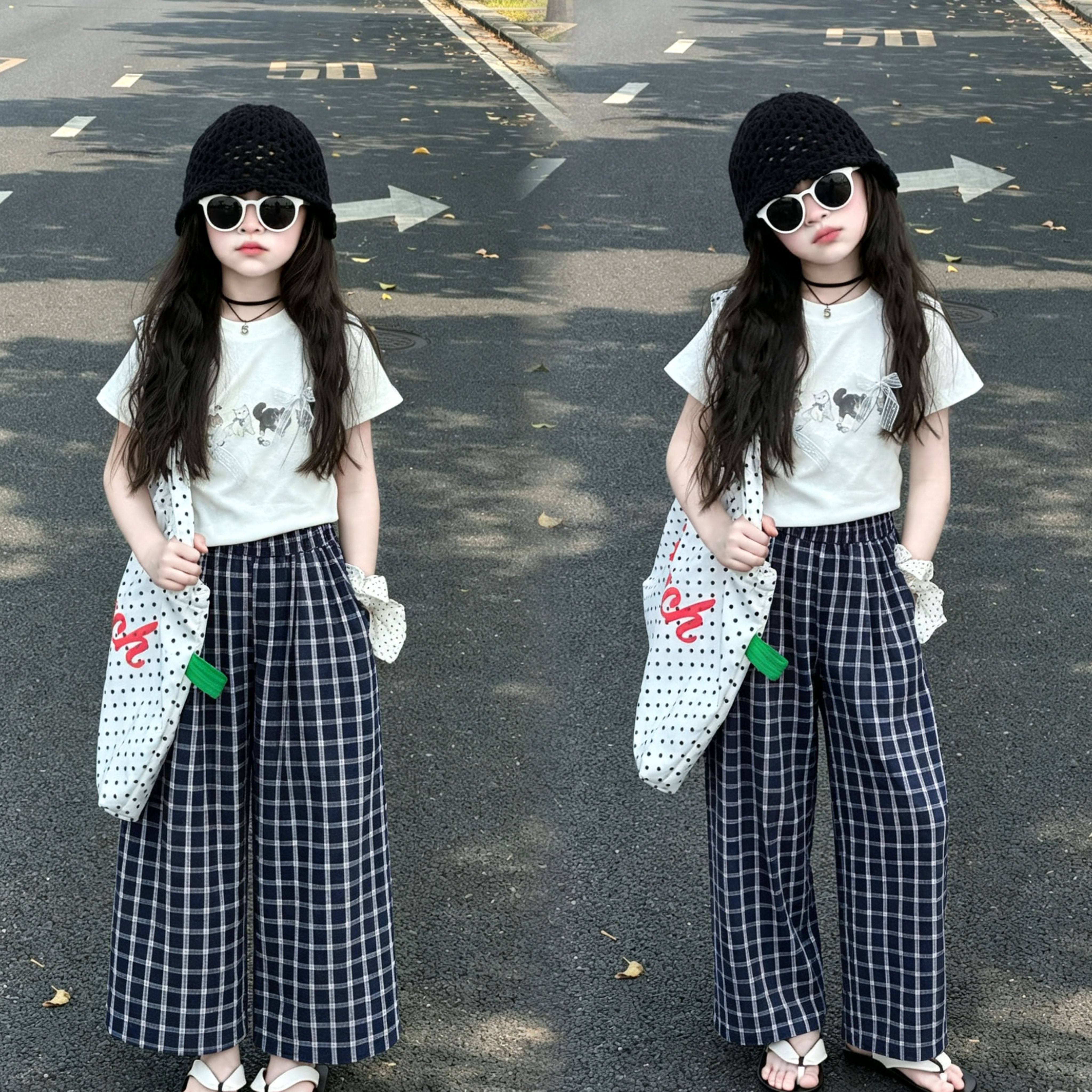 女童格子宽松阔腿直筒裤夏季薄款