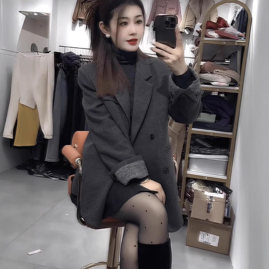 感加棉加厚毛呢西服外套女2024冬新款气质宽松中长款西装大衣