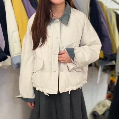 欧货2025季冬新款宽松休闲单排扣牛仔领夹棉时尚韩版棉服女厚外套