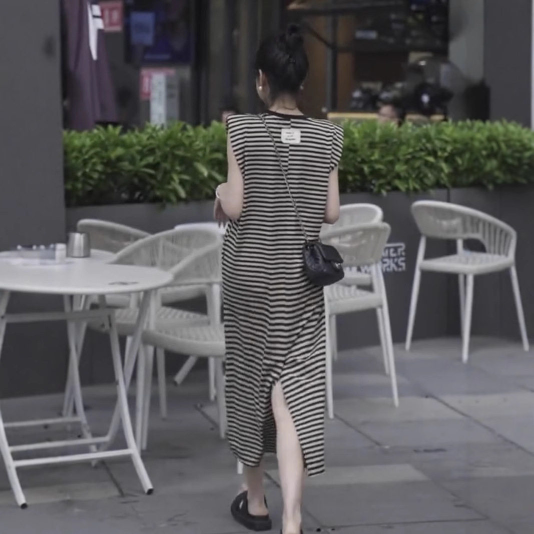 设计感无袖条纹连衣裙女2025夏季长款懒人t恤裙背心裙子休闲长裙