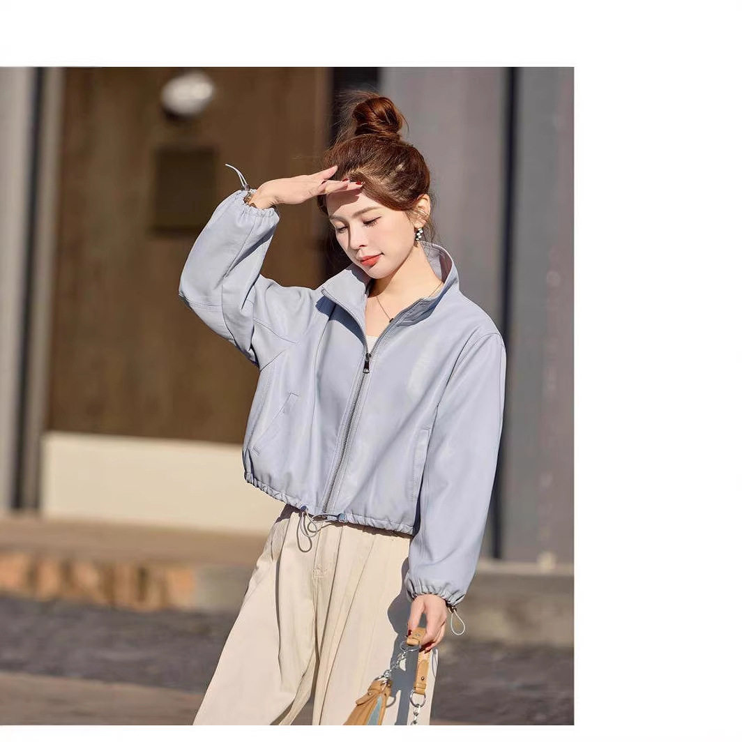 新款立领短款外套女春秋小个子洋气休闲宽松pu皮夹克减龄水洗皮衣