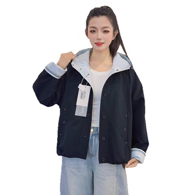 2608韩版撞色连帽短外套女2026春秋新款宽松显瘦单排扣休闲外套