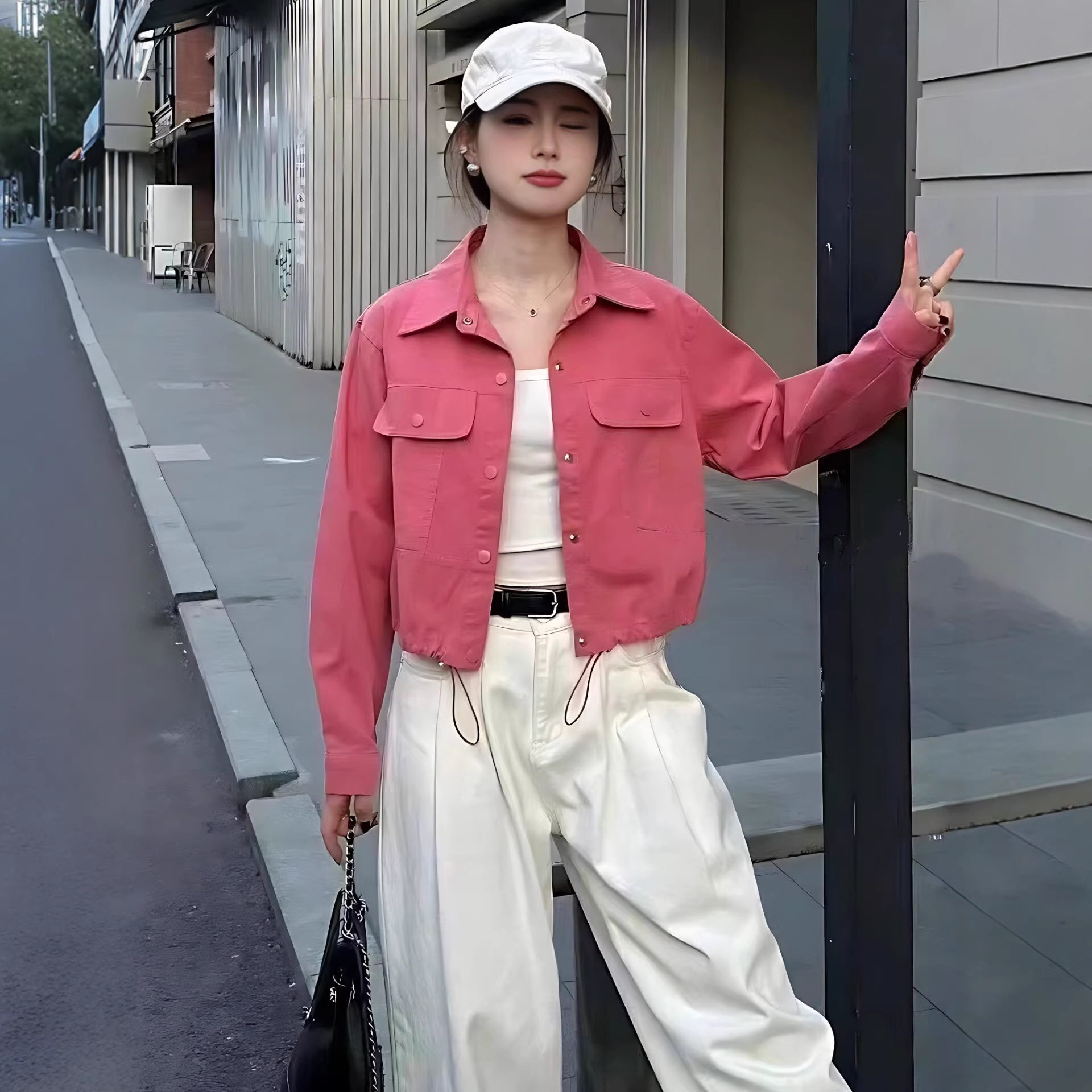 简约纯长袖衬衫薄款外套夹克衫2025春秋韩版宽松短款小个子衬衣女