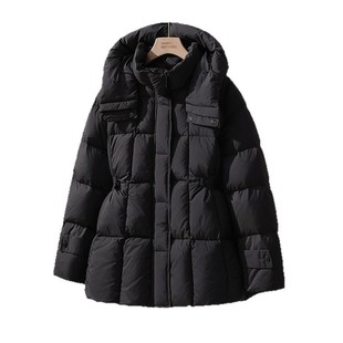 小个子黑色连帽鸭绒外套2025秋冬女装修身收腰显瘦中长款羽绒服女