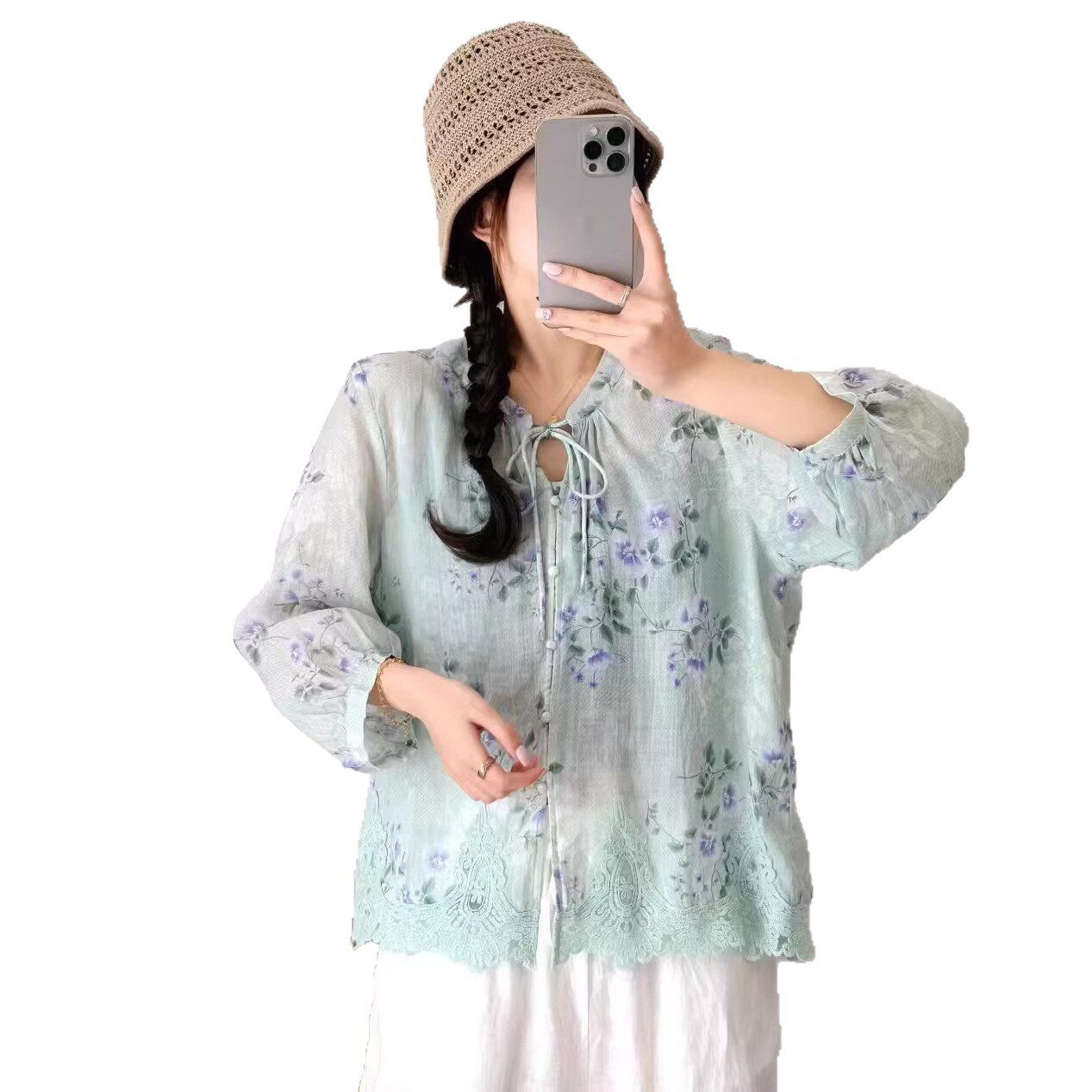 26年春夏款衬衫短袖女数码印花半袖宽松休闲系带衬衫新款薄款上衣