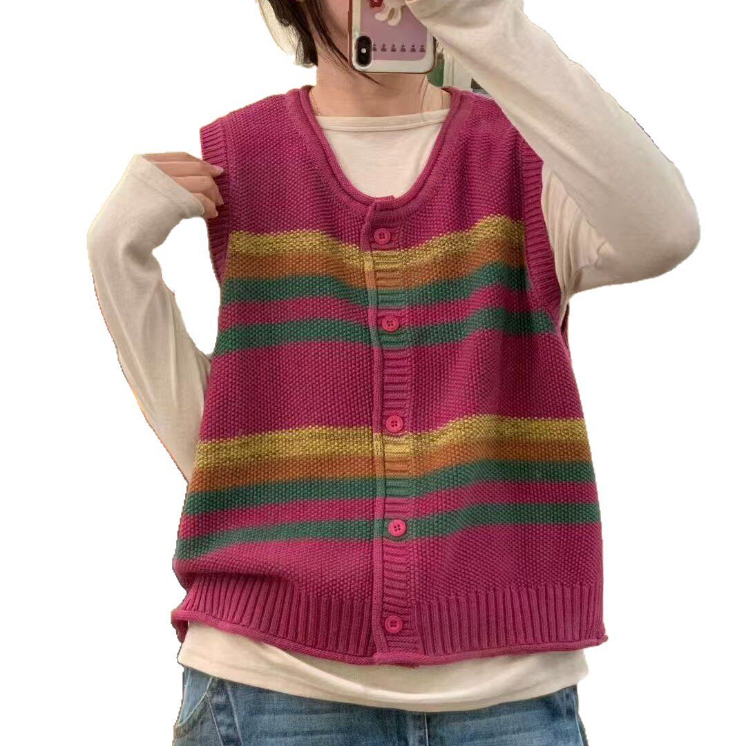 2026年春款马甲棉线女开衫无袖撞色马夹宽松休闲学院风坎肩针织衫