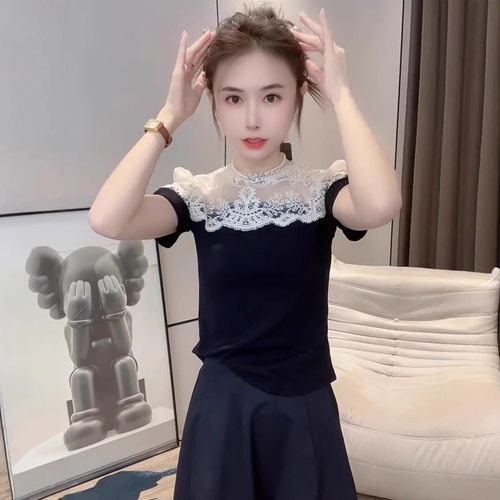 法式复古气质漂亮短袖T恤女2025年夏季新款修身显瘦拼接蕾丝小衫