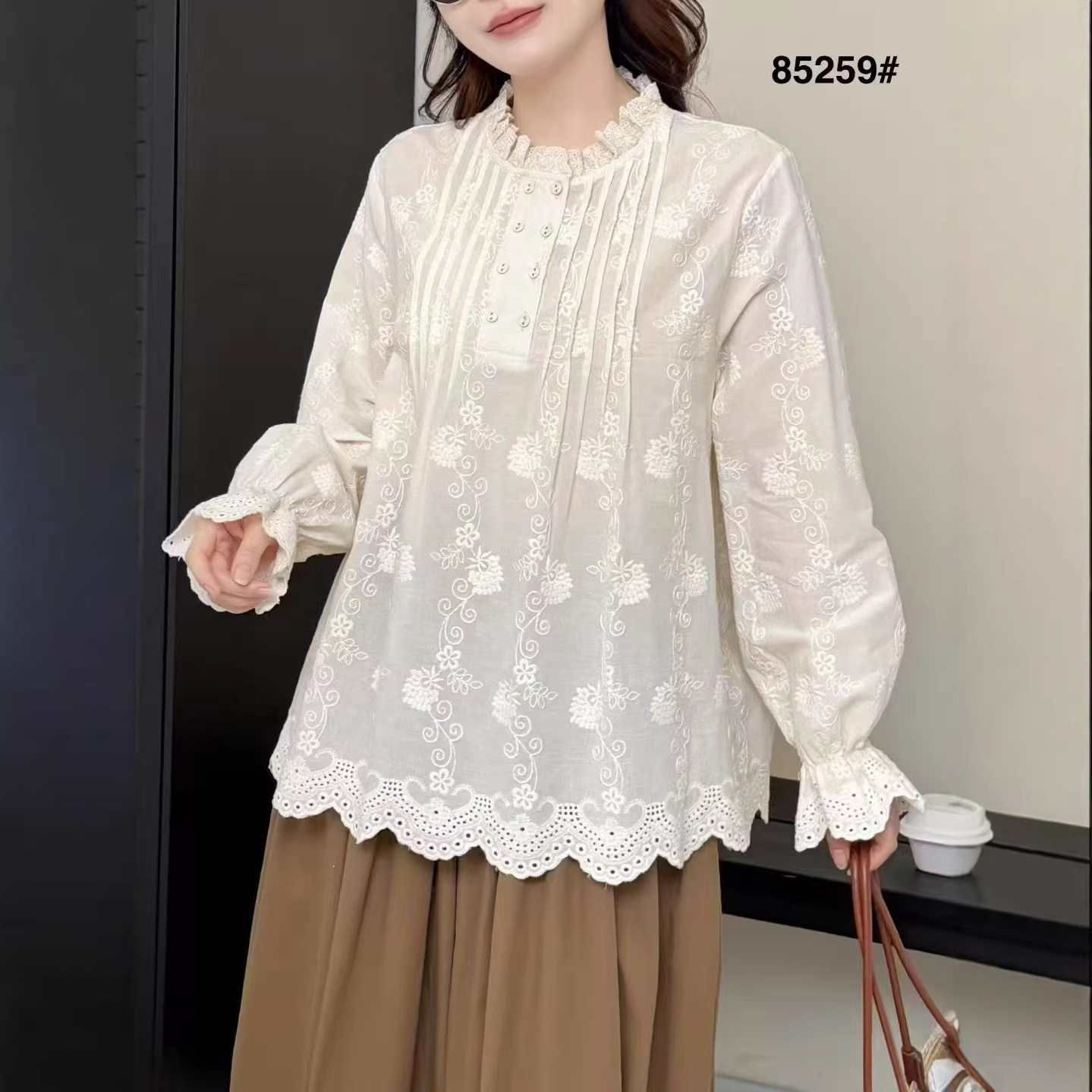 2026年春款衬衫长袖女蕾丝花边拼接衬衣亲肤新款衬衣法式小衫刺绣