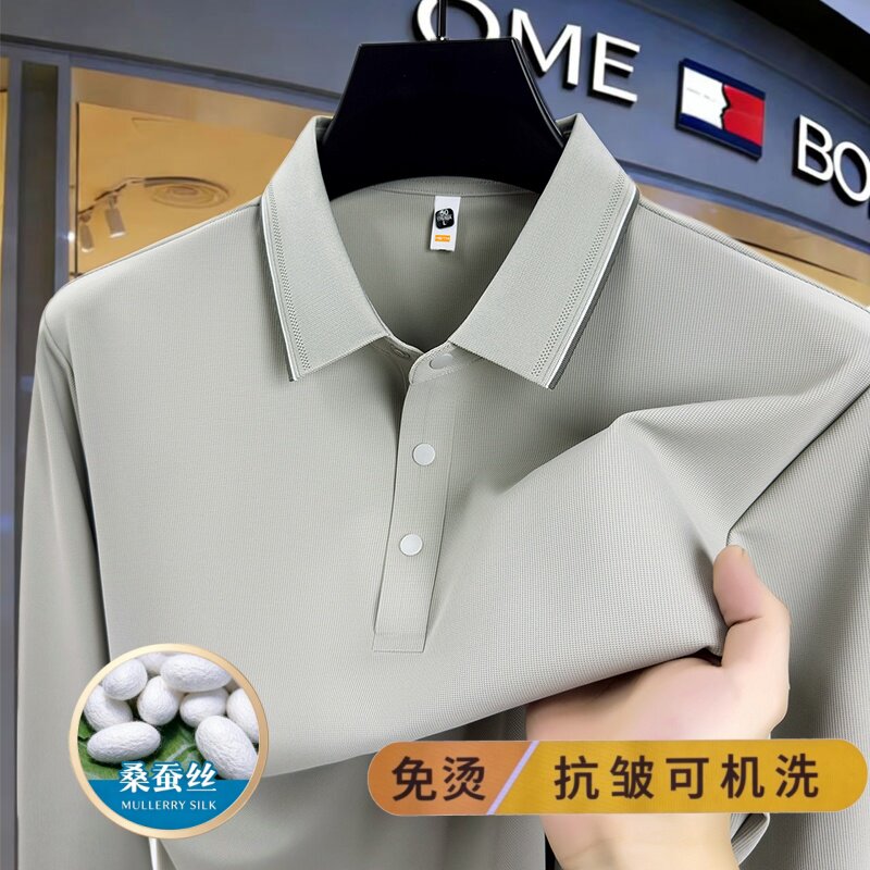 [天然桑蚕丝]商场爆款汤米纯高端长袖桑蚕丝polo衫男免烫T恤秋冬图片