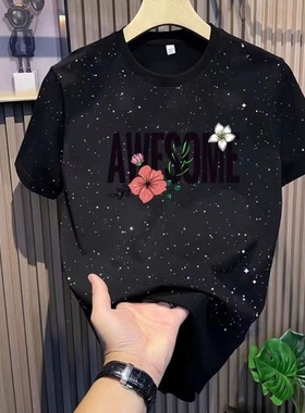 外贸余货美式潮牌满天星短袖T恤男黑色印花圆领纯棉宽松上衣夏季