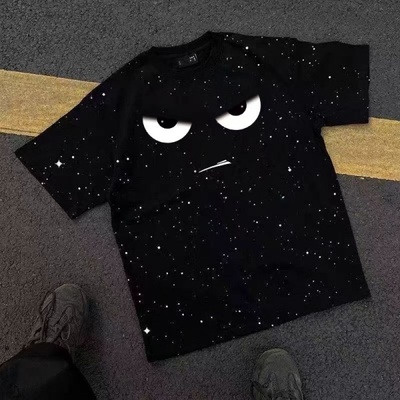 外贸余货黑色满天星短袖T恤男女同款卡通眼睛图案宽松个性设计感