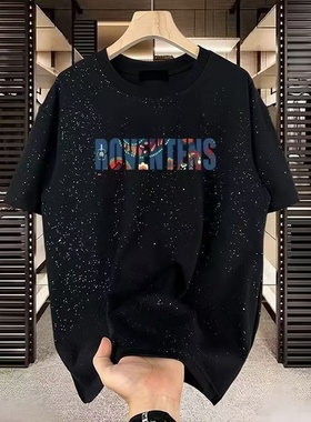 外贸余货美式酷感风黑色短袖T恤男宽松印花字母休闲百搭潮牌上衣