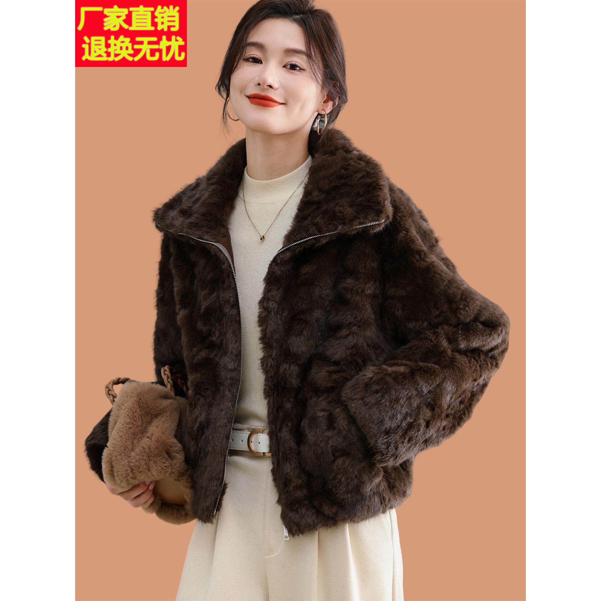 猫爪灰彷水貂绒皮草短外套女2025秋冬新款加厚拉炼金貂绒毛毛开衫