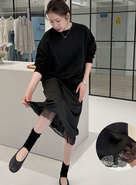 widelia陈魅儿2026春季新款 百搭高腰松紧腰拼接黑色蕾丝半身裙女