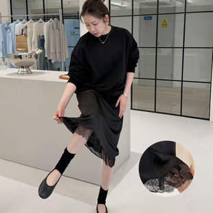 widelia陈魅儿2026春季新款 百搭高腰松紧腰拼接黑色蕾丝半身裙女