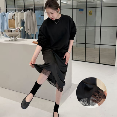 widelia陈魅儿2026春季新款 百搭高腰松紧腰拼接黑色蕾丝半身裙女