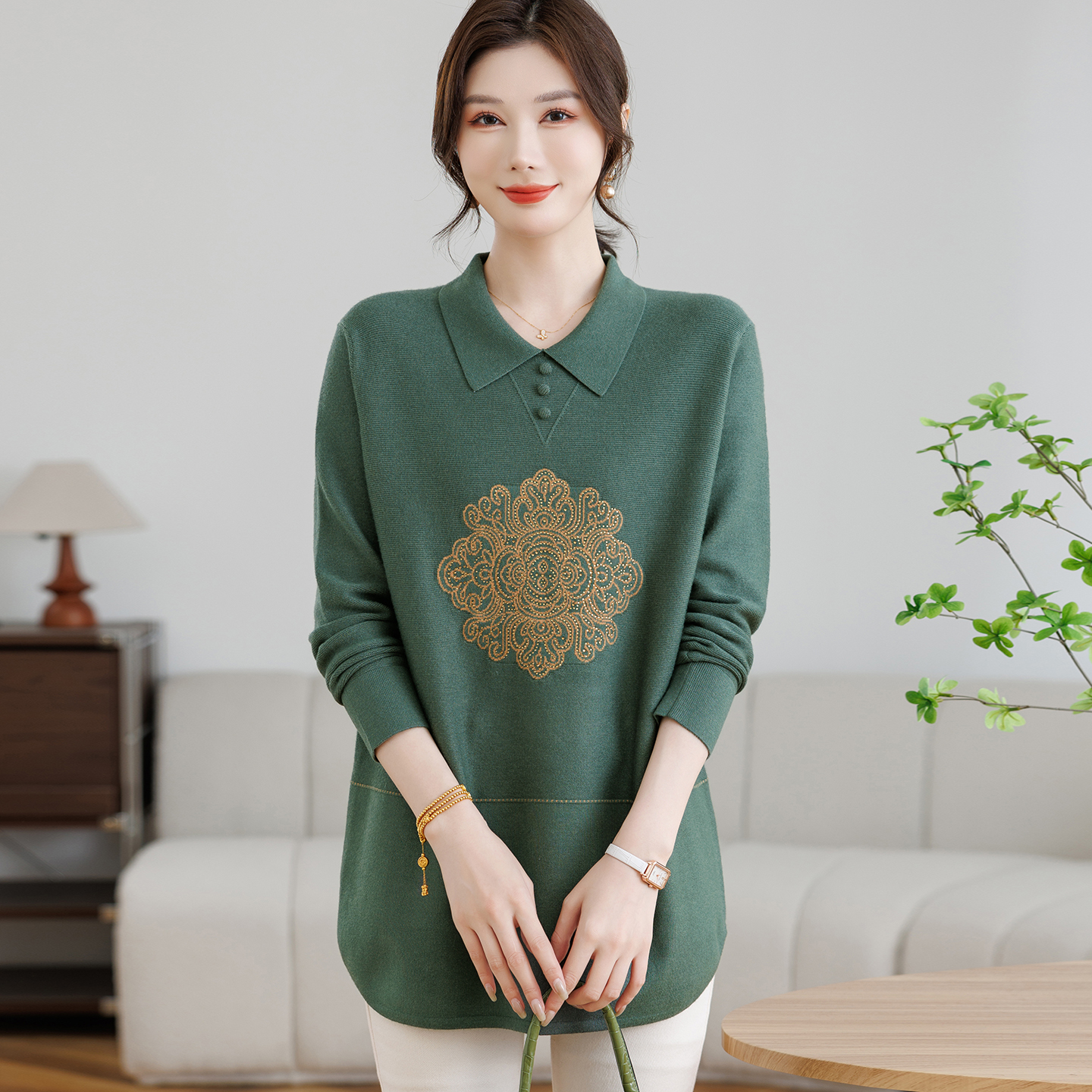 新款妈妈装毛衣加厚中长款羊毛衫上衣中老年女装秋宽松连衣裙高贵