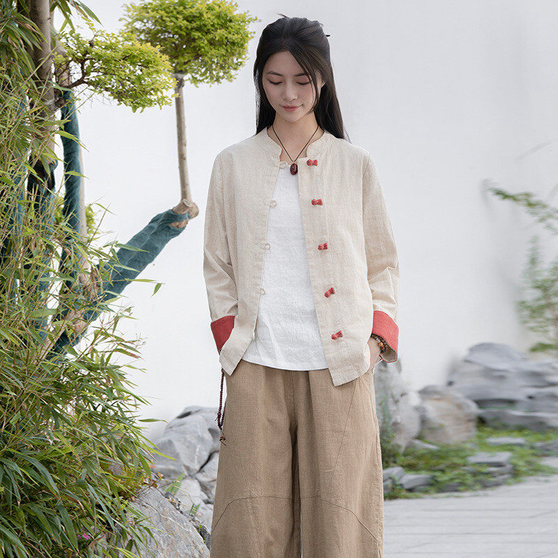 25秋季国风拼色盘扣开衫新款棉麻女装复古新中式女上衣衬衫薄外套,女装/女士精品,大码半身裙,淘宝优惠券,粉丝福利购,淘宝优惠卷