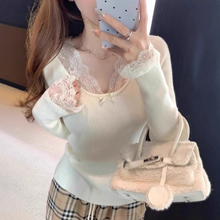 杏色蕾丝长袖t恤女秋季内搭可外穿修身显瘦纯欲打底衫针织衫上衣
