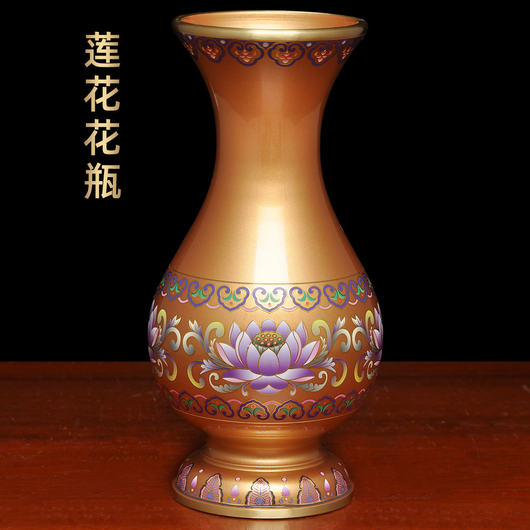 黄铜珍珠红彩色莲花花瓶一对