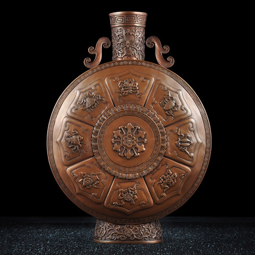 莲善堂紫铜八宝扁瓶铜花瓶