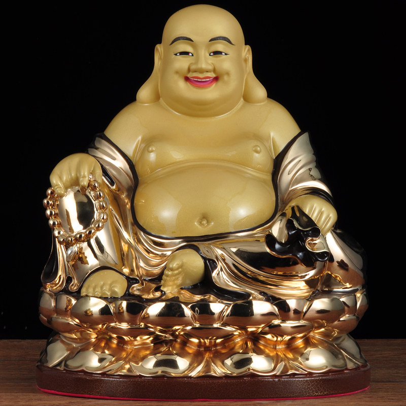 彩铜弥勒佛摆件招财笑佛大肚佛家用寺庙佛堂供奉莲花坐像铜佛像