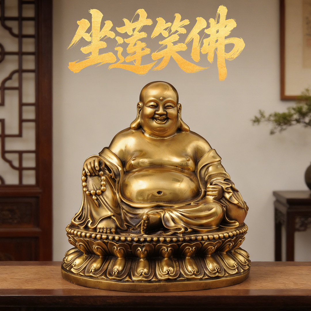 黄铜弥勒佛摆件笑佛笑口常开大肚佛坐莲像家用佛堂寺庙供奉佛像