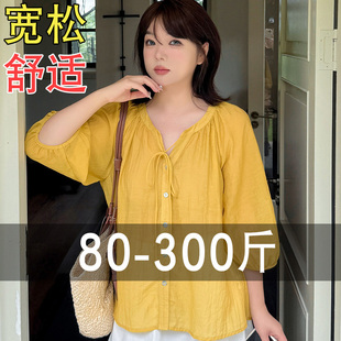 大码 适合微胖MM 法式 独特上衣女夏200斤夏宽松巨遮肚显瘦雪纺衫