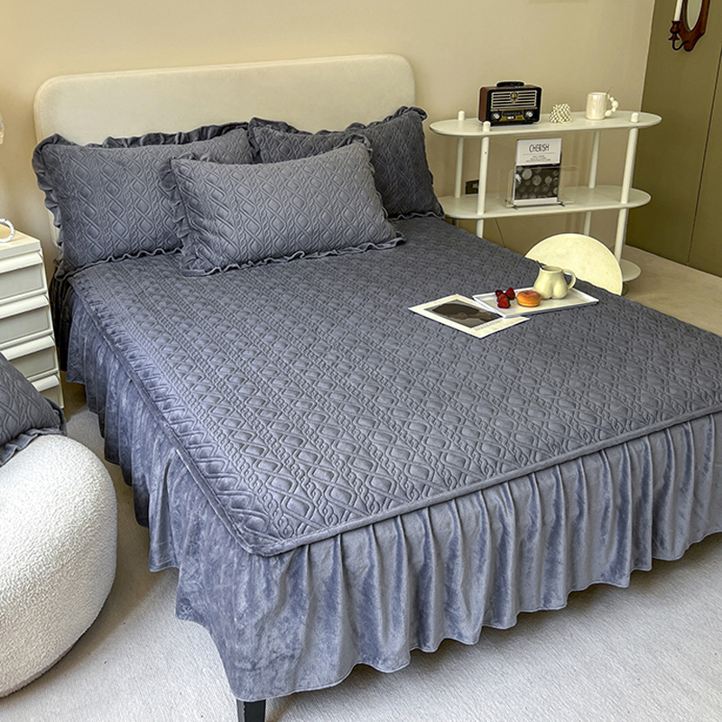 冬季珊瑚绒夹棉床裙牛奶绒三件套