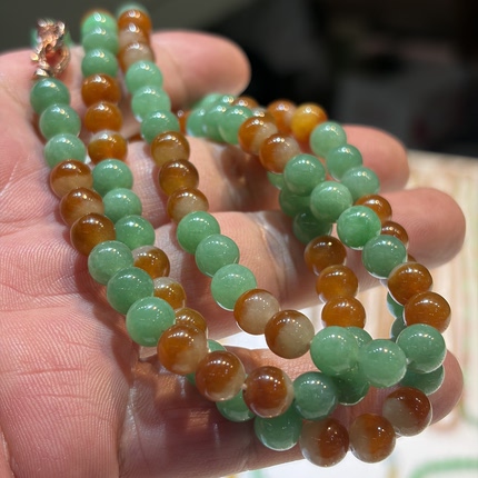 缅甸A货翡翠冰种三彩圆珠项链多圈卡7.2mm