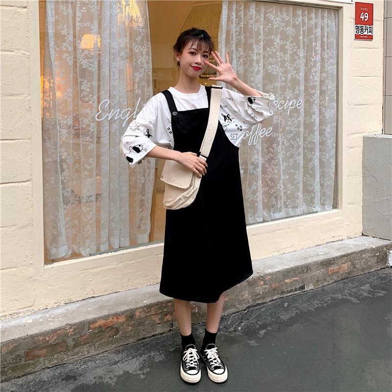 Real shot Short Sleeve T + strap skirt two pieces suit women's medium length fashion style slim dress