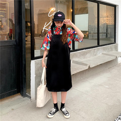 Real photo Shirt Short Sleeve T + strap skirt two pieces suit women's medium length fashion style slim dress