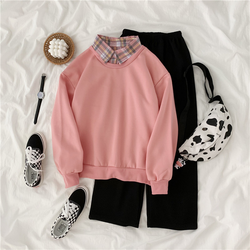 Real shot ~ new autumn and winter holiday two piece loose Polo doll collar color matching thickened Plush sweater set