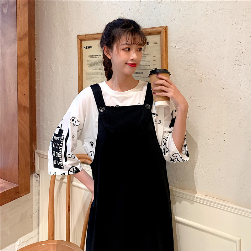 Real photo Shirt Short Sleeve T + strap skirt two pieces suit women's medium length fashion style slim dress